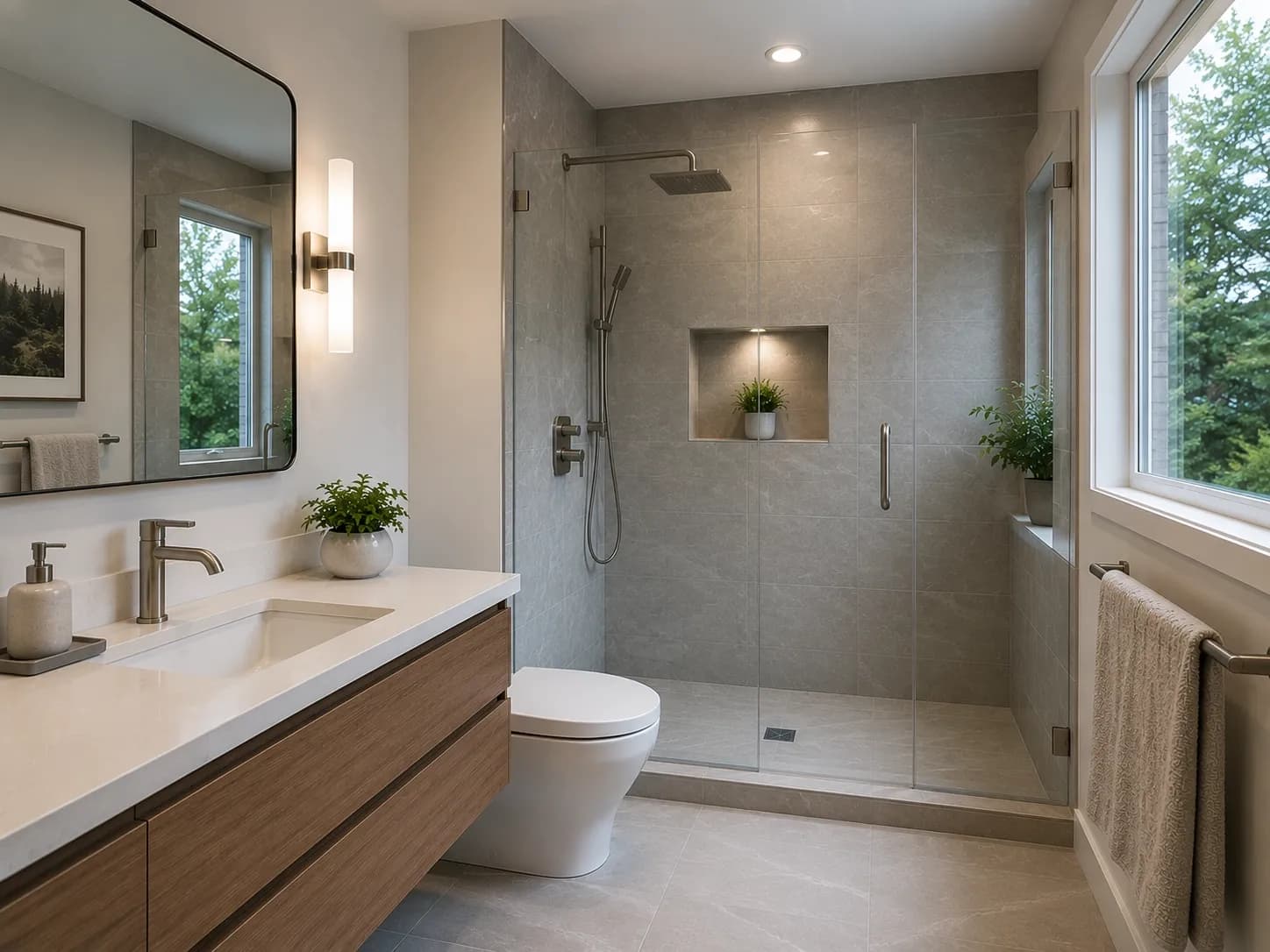 Small Seattle bathroom with a modern walk-in shower.