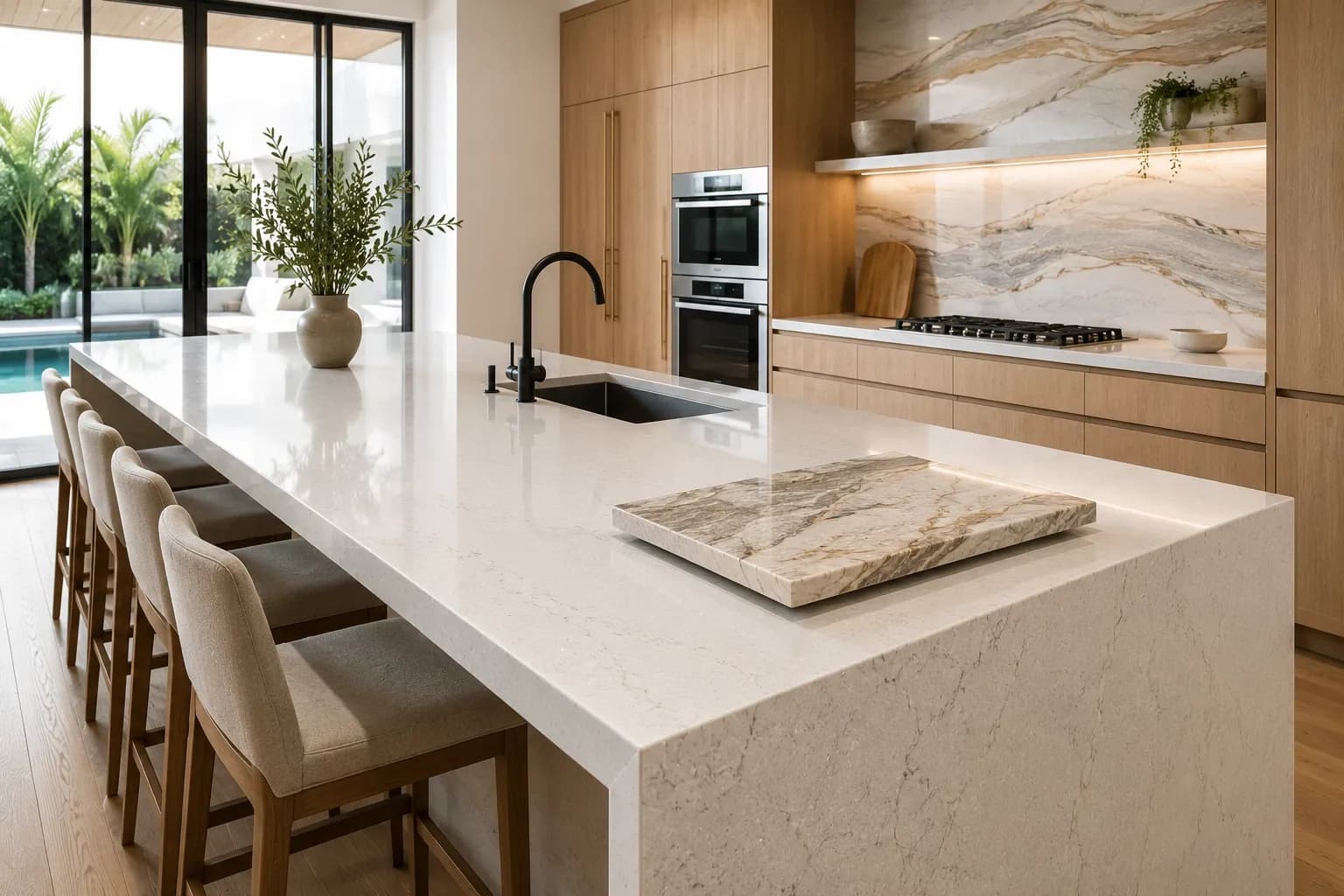 Luxury kitchen with quartz countertop and quartzite sample.