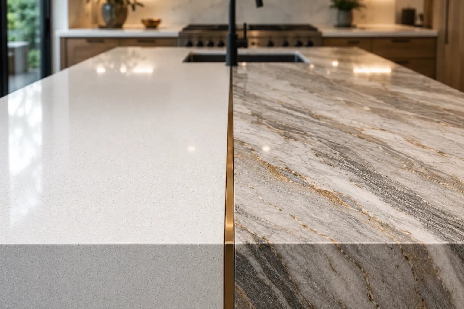 Side-by-side comparison of quartz and quartzite countertops.